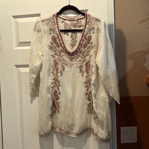 Embroidered V-Neck Cream and Pink Women's Top